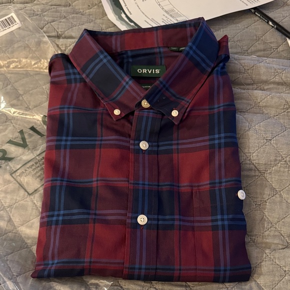 NWT - Orvis Men's Burgundy and Navy Plaid casual Shirt - Picture 1 of 5